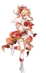 Rule 34 | 1girl, alternate costume, bandaged arm, bandages, blonde hair, boots, bow, bowtie, cross-laced footwear, dasha, dress, foot out of frame, gem, genshin impact, hair ornament, hand up, hand wraps, highres, idol clothes, jacket, knee boots, looking at viewer, medium hair, multicolored clothes, one eye closed, open clothes, open jacket, ponytail, red bow, red bowtie, red gemstone, shirt, short sleeves, simple background, skirt, solo, standing, standing on one leg, vision (genshin impact), white background, white footwear, white jacket, white shirt, white skirt, yellow eyes, yoimiya (genshin impact)