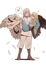 Rule 34 | !, 2girls, absurdres, asymmetrical wings, barefoot, belt pouch, black wings, blonde hair, blue robe, boots, braid, braided bangs, breasts, carrying, closed eyes, dungeon meshi, elf, facing viewer, falin touden, feathered wings, feathers, flat chest, grey footwear, grey wings, hair down, hands up, heart, highres, long hair, long sleeves, marcille donato, medium hair, mismatched wings, multiple girls, multiple wings, murmur (kim0222dr5), no cape, no headwear, no jacket, pants, pointy ears, pouch, princess carry, profile, robe, see-through silhouette, shirt, simple background, single braid, spoken heart, very long hair, white background, white pants, white shirt, wide sleeves, wings, yuri