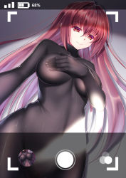 Rule 34 | 1girl, ame wa a ga tsutano?, bodysuit, cameltoe, covered navel, covering privates, covering breasts, fate/grand order, fate (series), light, light smile, long hair, looking at viewer, purple hair, red eyes, scathach (fate), solo, viewfinder