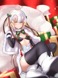 Rule 34 | 1girl, ahoge, bell, black bra, black gloves, black thighhighs, blonde hair, blush, box, bra, breasts, capelet, closed mouth, commentary request, elbow gloves, fate/grand order, fate (series), gift, gift box, gloves, hair ribbon, headpiece, highres, jeanne d&#039;arc (fate), jeanne d&#039;arc alter (fate), jeanne d&#039;arc alter santa lily (fate), jingle bell, long hair, looking at viewer, maosame, ribbon, sack, sitting, small breasts, solo, striped ribbon, thighhighs, underwear