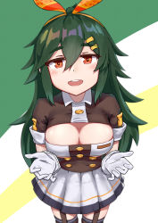 Rule 34 | 1girl, absurdres, bad id, bad pixiv id, blush, breasts, buttons, ameli (girls&#039; frontline), cleavage, cleavage cutout, clothing cutout, girls&#039; frontline, gloves, green hair, headband, highres, incoming hug, large breasts, long hair, looking at viewer, open mouth, red eyes, rifusutaku, simple background, skirt, solo, thighhighs