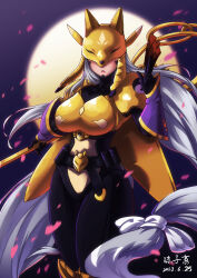 Rule 34 | absurdres, armor, covered eyes, digimon, digimon (creature), fox mask, highres, holding, holding paper, long hair, mask, paper, sakuyamon, yellow armor, yin yang