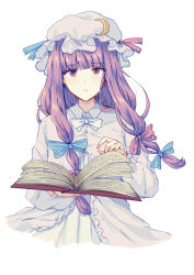 Rule 34 | 1girl, blue bow, blue ribbon, blush, book, bow, crescent, crescent hair ornament, dress, frilled sleeves, frills, hair bow, hair ornament, hat, highres, holding, holding book, long hair, looking at viewer, mob cap, open book, patchouli knowledge, purple dress, purple eyes, purple hair, red bow, red ribbon, ribbon, simple background, solo, touhou, upper body, uranaishi (miraura), white background