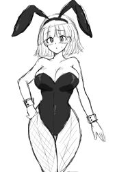 Rule 34 | 1girl, animal ears, blush, breasts, cleavage, dragon ball, dragon ball super, embarrassed, fake animal ears, fishnets, flustered, hand on own hip, large breasts, legs together, leotard, monochrome, nervous, playboy bunny, short hair, sketch, solo, standing, sweatdrop, tagme, thick thighs, thighs, videl, wrist cuffs