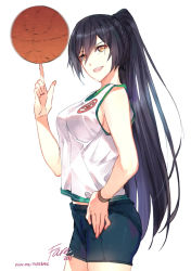 Rule 34 | 1girl, :d, ball, bare shoulders, basketball, basketball (object), black hair, breasts, brown eyes, fare, hand on own hip, idolmaster, idolmaster shiny colors, long hair, open mouth, ponytail, shirase sakuya, shorts, simple background, sleeveless, smile, solo, teeth, white background