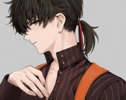 Rule 34 | 1boy, black hair, blue eyes, fate/samurai remnant, fate (series), grey background, hair ribbon, jp (diiuclove), looking at viewer, low ponytail, male focus, miyamoto iori (fate), official alternate costume, official alternate hairstyle, partially unbuttoned, pinstripe pattern, pinstripe shirt, red ribbon, ribbon, shirt, short ponytail, simple background, solo, striped clothes, striped shirt, vertical-striped clothes, vertical-striped shirt