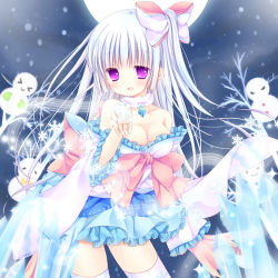 Rule 34 | 1girl, ayakashi hyakkiyakou, bare shoulders, blush, bow, breasts, cleavage, dress, hair bow, large breasts, long hair, looking at viewer, mizuse ruka, open mouth, original, purple hair, silver hair, smile, snowman, solo, thighhighs, white thighhighs