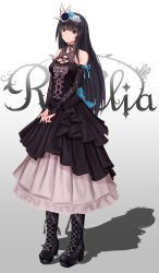 Rule 34 | 1girl, bang dream!, black choker, black flower, black footwear, black hair, black ribbon, black rose, black skirt, black sleeves, blue eyes, blue flower, blue ribbon, blue rose, boots, breasts, bridal gauntlets, choker, cleavage, closed mouth, collarbone, detached sleeves, flower, full body, gothic lolita, gradient background, grey background, grey ribbon, hair flower, hair ornament, high heel boots, high heels, highres, layered skirt, lolita fashion, long hair, long skirt, long sleeves, looking at viewer, medium breasts, nail polish, own hands together, red nails, ribbon, ribbon choker, rose, roselia (bang dream!), shirokane rinko, skirt, smile, solo, standing, straight hair, very long hair, white background, white skirt, yuzuriha (atelier liang)