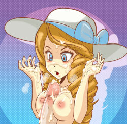 Rule 34 | 00s, 1girl, blue eyes, blush, breasts, breasts squeezed together, brown hair, creatures (company), cum, cum on body, cum on breasts, cum on fingers, cum on upper body, disembodied penis, drill hair, facial, game freak, gradient background, halftone, halftone background, hat, hmage, lady (pokemon), large breasts, long hair, nintendo, nipples, npc trainer, paizuri, penis, pokemon, pokemon frlg, solo focus, sun hat, twin drills, uncensored