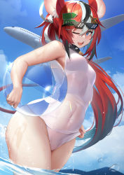 Rule 34 | 1girl, ;d, absurdres, adjusting clothes, adjusting swimsuit, aircraft, airplane, animal ears, ball, beachball, black hair, blue eyes, blue sky, breasts, cloud, collar, covered navel, day, deal with it (meme), eyewear on head, hakos baelz, highres, hip focus, hololive, hololive english, long hair, looking at viewer, medium breasts, meme, mouse ears, mouse girl, mouse tail, multicolored hair, nine (kanine41), one-piece swimsuit, one eye closed, open mouth, outdoors, ponytail, red hair, sharp teeth, sidelocks, sky, smile, solo, spiked collar, spikes, streaked hair, swimsuit, tail, teeth, thighs, upper teeth only, virtual youtuber, wading, water, wet, white hair, white one-piece swimsuit, wide hips