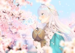 Rule 34 | 1girl, anastasia (fate), blue cloak, blue eyes, blush, brown hairband, cherry blossoms, cloak, commentary request, doll, fate/grand order, fate (series), fur-trimmed cloak, fur trim, hairband, highres, holding, holding doll, kumonon (8f2k3), long hair, petals, royal robe, silver hair, solo