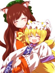 Rule 34 | 2girls, :d, ^ ^, age switch, aged down, aged up, animal ears, animal hat, blonde hair, blush, bow, bowtie, brown hair, cat ears, cat tail, chen, chinese clothes, closed eyes, fox tail, green hat, hands in opposite sleeves, hat, highres, long hair, long sleeves, mob cap, multiple girls, multiple tails, open mouth, rie-co, role reversal, short hair, sleeves past wrists, smile, tabard, tail, tassel, touhou, white background, white hat, white headwear, wide sleeves, yakumo ran, yellow bow, yellow bowtie
