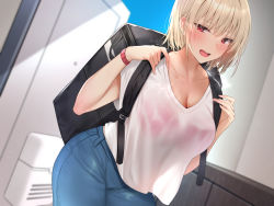 Rule 34 | 1girl, backpack, bag, blonde hair, blue pants, blush, breasts, cleavage, collarbone, denim, jeans, large breasts, looking at viewer, open mouth, original, pants, red eyes, shirt, short hair, short sleeves, solo, white shirt, yuyu (yuyuworks)