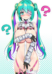 Rule 34 | 1girl, ?, aqua eyes, aqua hair, asymmetrical legwear, bare shoulders, black gloves, black thighhighs, blush, breasts, cosplay, covering privates, covering breasts, covering crotch, cowboy shot, crotch strap, deadnooodles, detached sleeves, dohna dohna issho ni warui koto o shiyou, double bun, eyepatch, gag, unworn gag, gloves, green eyes, green hair, groin, hair bun, halftone, halftone background, highres, large breasts, long hair, looking at viewer, medico, medico (dohna dohna), mismatched legwear, multicolored hair, no panties, o-ring, polka dot, polka dot background, porno (dohna dohna), porno (dohna dohna) (cosplay), purple hair, solo, standing, sweat, tearing up, thighhighs, trembling, twintails, white thighhighs