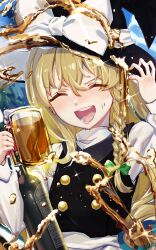 Rule 34 | 1girl, alcohol, ama (pixiv 50406250), beer, beer mug, black hat, black vest, blonde hair, bottle, bow, braid, buttons, closed eyes, cup, green bow, hair bow, hat, hat bow, highres, kirisame marisa, long hair, mug, shirt, single braid, solo, touhou, vest, white bow, white shirt, witch hat