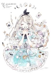 Rule 34 | 1girl, 2021, alice (alice in wonderland), alice in wonderland, artist logo, artist name, black bow, black hairband, black nails, black ribbon, blue dress, blue eyes, bow, bowtie, card, cookie, cropped legs, cross-laced clothes, dated, dress, english text, eyelashes, flower, food, frilled dress, frills, grey eyes, hair bow, hairband, hands up, highres, key, long hair, looking at viewer, moon phases, nail polish, neck ribbon, one eye closed, own hands together, painting (medium), playing card, pocket watch, puffy short sleeves, puffy sleeves, rabbit, ribbon, short sleeves, signature, simple background, smile, solo, straight-on, traditional media, umi cryblue, watch, watercolor (medium), white background