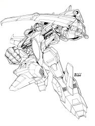 Rule 34 | clenched hand, commentary, decepticon, don allan figueroa, english commentary, greyscale, highres, holding, holding sword, holding weapon, lineart, looking at viewer, mecha, monochrome, official art, robot, science fiction, shoulder cannon, smile, solo, starscream, sword, transformers, transformers armada, weapon