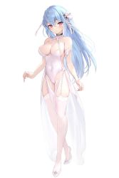 Rule 34 | 1girl, bare shoulders, blue hair, breasts, cleavage, elf, garter straps, hair ribbon, haishiki, highres, large breasts, leotard, looking at viewer, original, pink eyes, pointy ears, revealing clothes, ribbon, skin tight, skindentation, skirt, thick thighs, thighhighs, thighs, white background, white leotard, white skirt, white thighhighs
