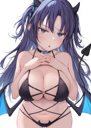 Rule 34 | 1girl, :o, alternate costume, bikini, black bikini, black choker, black horns, blue archive, blue eyes, blue hair, blush, breasts, choker, cleavage, collarbone, commentary request, demon girl, demon tail, demon wings, fingernails, highres, horns, interlocked fingers, large breasts, long hair, looking at viewer, low wings, navel, o-ring, o-ring bikini, o-ring top, simple background, solo, swimsuit, tail, tansan gitune, two side up, white background, wings, yuuka (blue archive)