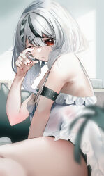 Rule 34 | 1girl, absurdres, arm strap, black hair, blush, braid, breasts, camisole, grey hair, hair ornament, highres, hololive, large breasts, looking at viewer, multicolored hair, nail polish, one eye closed, r10c, red nails, sakamata chloe, single braid, streaked hair, virtual youtuber, waking up, white camisole, x hair ornament