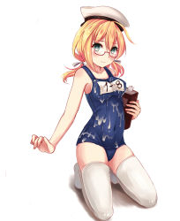 Rule 34 | 10s, 1girl, aqua eyes, blonde hair, blush, book, breasts, cum, cum on clothes, female focus, glasses, hat, i-8 (kancolle), impossible clothes, impossible swimsuit, kantai collection, kneeling, light smile, long hair, looking at viewer, low twintails, medium breasts, no shoes, one-piece swimsuit, qunqing, red-framed eyewear, school swimsuit, semi-rimless eyewear, simple background, smile, solo, suggestive fluid, swimsuit, thighhighs, twintails, under-rim eyewear, white background, white thighhighs