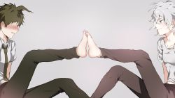 Rule 34 | 2boys, absurdres, arm support, barefoot, black pants, blush, brown hair, brown pants, collared shirt, commentary request, danganronpa (series), danganronpa 2: goodbye despair, feet, feet together, feet up, from side, green neckwear, grey background, grey hair, grey shirt, hair between eyes, highres, hinata hajime, komaeda nagito, looking at another, male focus, messy hair, multiple boys, necktie, nose blush, open mouth, pants, profile, shirt, short sleeves, simple background, sitting, smile, tuteurfars shin, yaoi