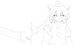 Rule 34 | 1girl, absurdres, animal ears, baia, detached sleeves, female focus, greyscale, hat, highres, inubashiri momiji, lineart, looking at viewer, monochrome, solo, sword, tail, tokin hat, touhou, transparent background, weapon, wolf ears, wolf tail