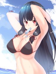 Rule 34 | 10s, 1girl, armpits, arms behind head, arms up, bikini, bikini top only, black bikini, black hair, blush, breasts, cleavage, cloud, cloudy sky, day, dripping, food, hair ribbon, isokaze (kancolle), kantai collection, l4no, large breasts, lens flare, long hair, looking at viewer, melting, navel, ocean, popsicle, red eyes, ribbon, sky, solo, swimsuit, tress ribbon, upper body