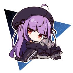 Rule 34 | 1girl, ahoge, beret, black bow, black dress, black hat, blunt bangs, bow, chibi, closed mouth, commentary request, cowlick, dress, frilled dress, frills, full body, grey thighhighs, hat, highres, long hair, looking at viewer, mariooo, medium bangs, nanashi inc., outline, purple hair, red eyes, shisui kiki, shisui kiki (2nd costume), sitting, sleeve bow, sleeves past fingers, sleeves past wrists, smile, solo, stuffed animal, stuffed toy, teddy bear, thighhighs, triangle, very long hair, virtual youtuber, white outline