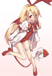 Rule 34 | 1girl, :d, blonde hair, bow, demon tail, demon wings, disgaea, fang, flonne, flonne (fallen angel), full body, hair ribbon, high heels, leg ribbon, leotard, long hair, looking at viewer, mikazuchi zeus, open mouth, pointy ears, red eyes, red leotard, ribbon, simple background, smile, solo, tail, tail ornament, tail ribbon, thigh ribbon, very long hair, wings
