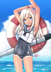Rule 34 | 10s, 1girl, arms up, blonde hair, blue eyes, crop top, flower, hair flower, hair ornament, kantai collection, kelinch1, lifebuoy, long hair, one-piece swimsuit, one-piece tan, ro-500 (kancolle), sailor collar, school swimsuit, solo, swim ring, swimsuit, swimsuit under clothes, tan, tanline, torpedo