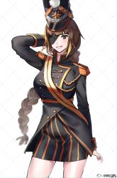 Rule 34 | 1girl, absurdres, black headwear, breasts, brown eyes, brown hair, eyepatch, girls&#039; frontline, highres, large breasts, long hair, looking at viewer, m16a1 (blazing sun on the ruins) (girls&#039; frontline), m16a1 (girls&#039; frontline), open mouth, simple background, smile, solo, xanax025