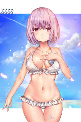 Rule 34 | 10s, 1girl, absurdres, arm at side, bikini, blue sky, blush, breasts, breasts apart, cellphone, closed mouth, cloud, collarbone, contrail, cowboy shot, day, frilled bikini, frills, front-tie bikini top, front-tie top, gluteal fold, gridman universe, groin, hand on own chest, highres, iphone, large breasts, looking at viewer, luminous, navel, object in clothes, object in swimsuit, phone, purple hair, red eyes, shinjou akane, short hair, sky, smartphone, smile, solo, ssss.gridman, standing, swimsuit, thigh gap, white bikini