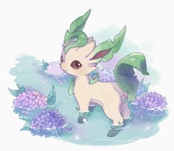 Rule 34 | brown eyes, closed mouth, commentary request, creatures (company), flower, full body, game freak, gen 4 pokemon, highres, ichino cco, leafeon, nintendo, no humans, pokemon, pokemon (creature), purple flower, smile, solo, standing, twitter username, wading, water, watermark