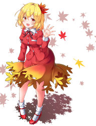 Rule 34 | 1girl, aka tawashi, aki shizuha, autumn leaves, blonde hair, blush, breasts, collared shirt, gradient clothes, gradient skirt, hair ornament, hairband, high heels, highres, leaf, leaf hair ornament, legs, looking at viewer, maple leaf, medium breasts, open mouth, red footwear, red shirt, red skirt, shirt, short hair, skirt, smile, socks, solo, standing, strappy heels, touhou, waving, white background, white socks, wide hips, yellow eyes