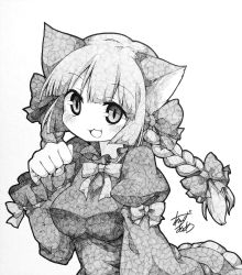 Rule 34 | 1girl, :3, animal ears, anzu ame, artist name, blush, bow, braid, cat ears, dress, fang, greyscale, hair bow, kaenbyou rin, looking at viewer, millipen (medium), monochrome, open mouth, shikishi, signature, simple background, sketch, solo, touhou, traditional media, twin braids, upper body, white background