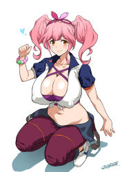 Rule 34 | 10s, 1girl, artist name, blush, breasts, cleavage, covered erect nipples, full body, huge breasts, joy ride, looking at viewer, macross, macross delta, makina nakajima, midriff, navel, pink hair, shoes, short hair, smile, solo, squatting, twintails, yellow eyes
