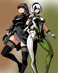 Rule 34 | 2b (nier:automata), 2girls, artist name, bare arms, bare shoulders, black dress, black gloves, black hair, black hairband, black thighhighs, blindfold, blunt bangs, bodysuit, breasts, brown eyes, cleavage, cleavage cutout, clothing cutout, commentary, cosplay, costume switch, covered eyes, dress, english commentary, eve (stellar blade), facing viewer, feet out of frame, female focus, fingerless gloves, gloves, gradient background, hairband, highres, juliet sleeves, kukuruyo, large breasts, locked arms, long hair, long sleeves, looking at viewer, mole, mole under mouth, multiple girls, nier:automata, nier (series), open mouth, patreon username, planet diving suit (7th) (stellar blade), ponytail, puffy sleeves, short hair, simple background, smile, stellar blade, thighhighs, trait connection, watermark, web address, white gloves, white hair