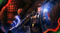 Rule 34 | 1girl, armband, bandaged hand, bandages, belt, black belt, black necktie, black pants, black vest, blue coat, brown hair, coat, collared shirt, e.g.o (project moon), game cg, gun, highres, holding, holding gun, holding weapon, indoors, limbus company, lobotomy corporation, long sleeves, looking at viewer, nai ga, necktie, official art, orange eyes, outis (project moon), pants, project moon, rifle, shirt, short hair, smoke, smoking pipe, solo, standing, vest, watch, weapon, white shirt, wing collar, wristwatch