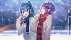 Rule 34 | 2girls, ?, absurdres, arifuseyo, belt, black belt, blue eyes, blue hair, blue scarf, blurry, blurry background, coat, demon tail, ear piercing, earrings, hair ornament, highres, hololive, hoshimachi suisei, jewelry, long hair, long sleeves, looking at viewer, multiple girls, open clothes, open coat, open mouth, piercing, pointy ears, ponytail, purple hair, red scarf, scarf, short hair, sleeves past wrists, smile, snow, snowing, star (symbol), star earrings, star hair ornament, striped clothes, striped scarf, sweater, tail, tokoyami towa, twitter username, virtual youtuber, white coat, white sweater, x hair ornament