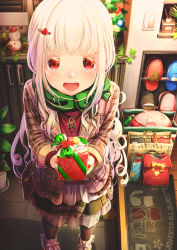 Rule 34 | 1girl, :d, aiuabo, albino, bag, black footwear, black pantyhose, blue footwear, box, christmas, christmas ornaments, coat, commentary request, curly hair, entrance, gift, gift bag, gift box, green scarf, hair ornament, handbag, heart, heart hair ornament, highres, holding, holding gift, incoming gift, indoors, jewelry, long hair, looking at viewer, multicolored nails, nail polish, necklace, open mouth, original, pantyhose, pinecone, pink footwear, plaid, plaid coat, plant, potted plant, red eyes, red footwear, red nails, scarf, shoes, sidelocks, skirt, slippers, smile, solo, standing, striped clothes, striped scarf, unworn slippers, very long hair, welcome mat, white hair, white nails