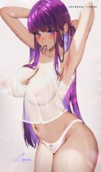 Rule 34 | 1girl, armpits, arms up, blush, breasts, fern (sousou no frieren), fixing hair, highres, large breasts, liremi art, long hair, panties, purple eyes, purple hair, sousou no frieren, translucent shirt, underwear