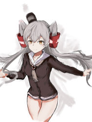 Rule 34 | 1girl, absurdres, amatsukaze (kancolle), bare legs, breasts, brown eyes, closed mouth, grey hair, hair ornament, highres, kantai collection, legs, long hair, looking at viewer, no pants, outstretched arms, rosehip t72, small breasts, solo, spread arms, standing, thighs, twintails, white background