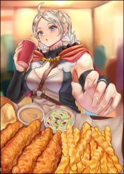 Rule 34 | 1girl, absurdres, ahoge, axeloust, black bridal gauntlets, blue eyes, braid, breasts, bridal gauntlets, buttons, capelet, chest harness, chicken fingers, choker, coleslaw, commission, commissioner upload, cowlick, crinkle-cut fries, cup, fast food, fire emblem, fire emblem fates, flower choker, food, foreshortening, french fries, fried chicken, hairband, harness, highres, holding, holding cup, hood, hooded capelet, indoors, leather, long hair, low twin braids, medium breasts, nina (fire emblem), nintendo, non-web source, o-ring, open mouth, parted bangs, raising cane&#039;s chicken fingers, red capelet, red hood, sauce, solo focus, turtleneck, twin braids, two-tone shirt, white choker, white hair, white hairband