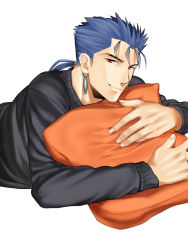 Rule 34 | 1boy, bad id, bad pixiv id, blue hair, cu chulainn (fate), earrings, fate/stay night, fate (series), jewelry, cu chulainn (fate/stay night), long hair, male focus, mitsuki mitsuno, pillow, ponytail, red eyes, solo, sweater
