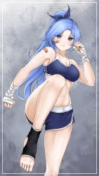 Rule 34 | 1girl, absurdres, bandaged hand, bandages, bandaid, bandaid on cheek, bandaid on face, bandaid on shoulder, bare arms, bare legs, bare shoulders, black socks, blue eyes, blue hair, blue ribbon, blue shorts, blush, borrowed character, breasts, cleavage, commentary, crop top, dolphin shorts, english commentary, foot out of frame, foxie30, hair ribbon, hand up, highres, long hair, looking at viewer, medium breasts, midriff, bae minah (chaesu), original, parted lips, ponytail, ribbon, short shorts, shorts, socks, solo, sports bra, standing, standing on one leg, stomach, thighs, toeless legwear, very long hair, wrist wrap