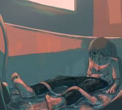 Rule 34 | 1boy, absurdres, avogado6, barefoot, bathtub, black eyes, black pants, blood, collared shirt, commentary request, grey hair, highres, jitome, male focus, nosebleed, original, pants, shirt, short hair, shower head, sitting, solo, wet, wet clothes, white shirt, wing collar