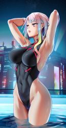 Rule 34 | 1girl, armpits, arms behind head, artist name, black one-piece swimsuit, blonde hair, blue hair, breasts, building, commentary, competition swimsuit, covered navel, cyberpunk (series), cyberpunk edgerunners, foxyreine, green hair, highres, large breasts, lips, looking away, lucy (cyberpunk), multicolored hair, one-piece swimsuit, parted lips, partially submerged, pink eyes, pink hair, red hair, skin tight, solo, swimsuit, thighs, water, wet