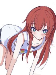 Rule 34 | 1girl, all fours, alternate costume, alternate hairstyle, bike shorts, blue archive, blue eyes, blush, breasts, dress, highres, kain501i, long hair, looking at viewer, maki (blue archive), red hair, sidelocks, simple background, small breasts, solo, sweat, wavy mouth, white background