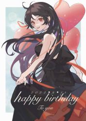 Rule 34 | 1girl, absurdres, balloon, bare arms, bare shoulders, black bow, black dress, black hair, bow, breasts, copyright request, dated, dress, dress bow, happy birthday, heart, highres, koyo (koyo00), long hair, medium breasts, original, red eyes, red lips, red ribbon, ribbon, smile, solo, teeth